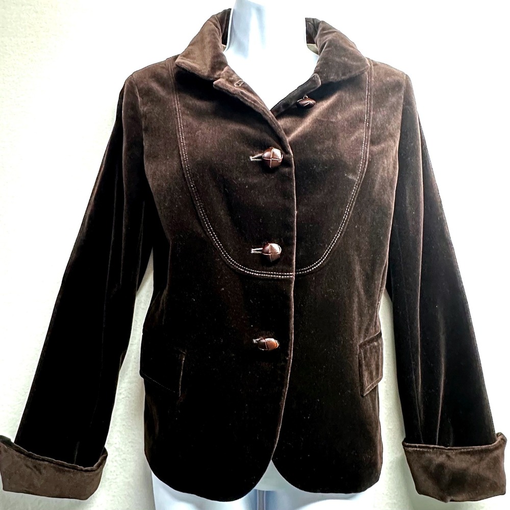 J.Crew Velvet Blazer Women 10 Brown Equestrian Leather Button Contrast Stitch - Picture 2 of 14